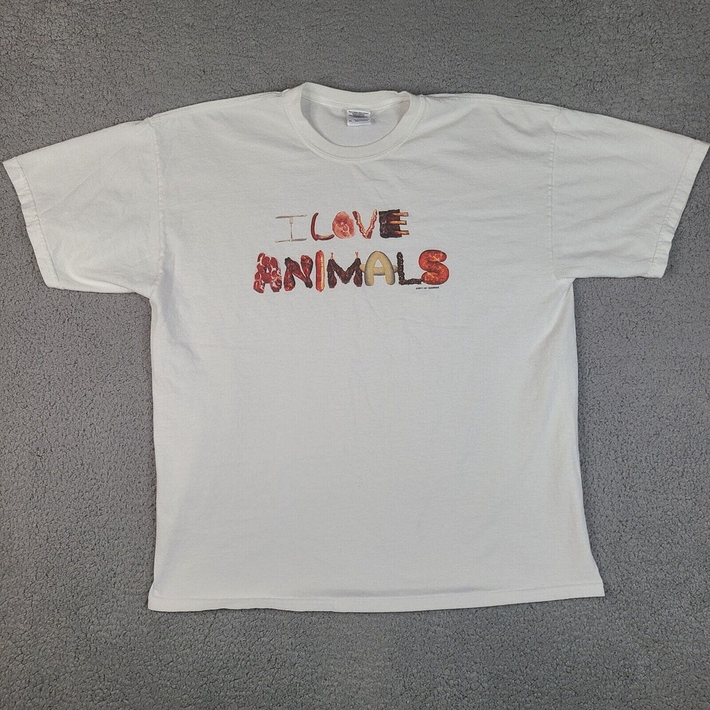 I Love Animals T-Shirt Adult XL White Spelled Out in Different Meats‎ Not Vegan